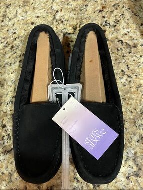 stars above Black Suede Moccasin Slippers